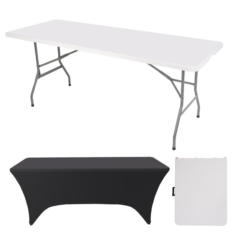 Mesa plegable de 6 pies (Set de mesa plegable de 6 pies y mantel: ZB-6FT), con asa de transporte integrada y patas de acero aleado