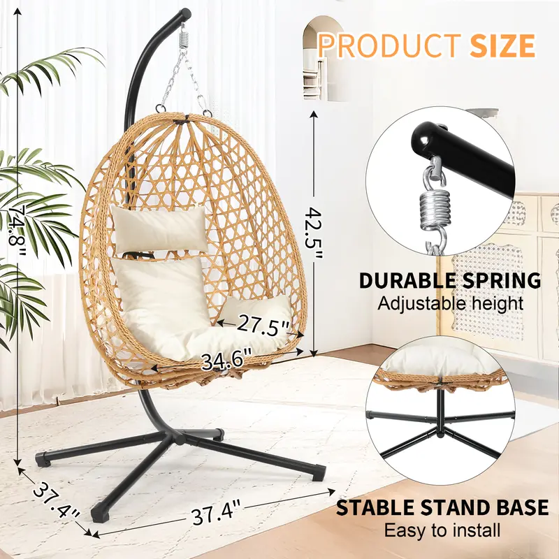 Sillón Colgante tipo Huevo para Patio con Cojín, Silla Colgante de Mimbre para Interiores y Exteriores, Sillón de Descanso con Soporte para Patio y Balcón, Cómoda Silla Hamaca