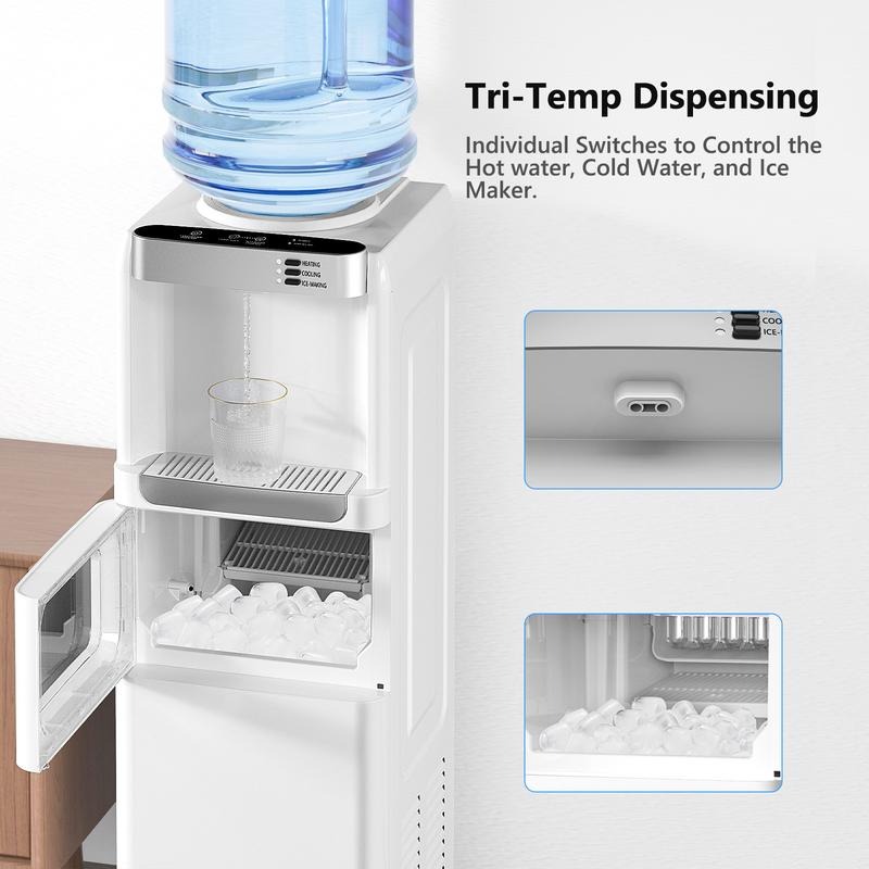 Dispensador de agua con función de fabricación de hielo, enfriador de agua fría y caliente de carga superior para botellas de 5 galones — Incluye seguro de seguridad para niños