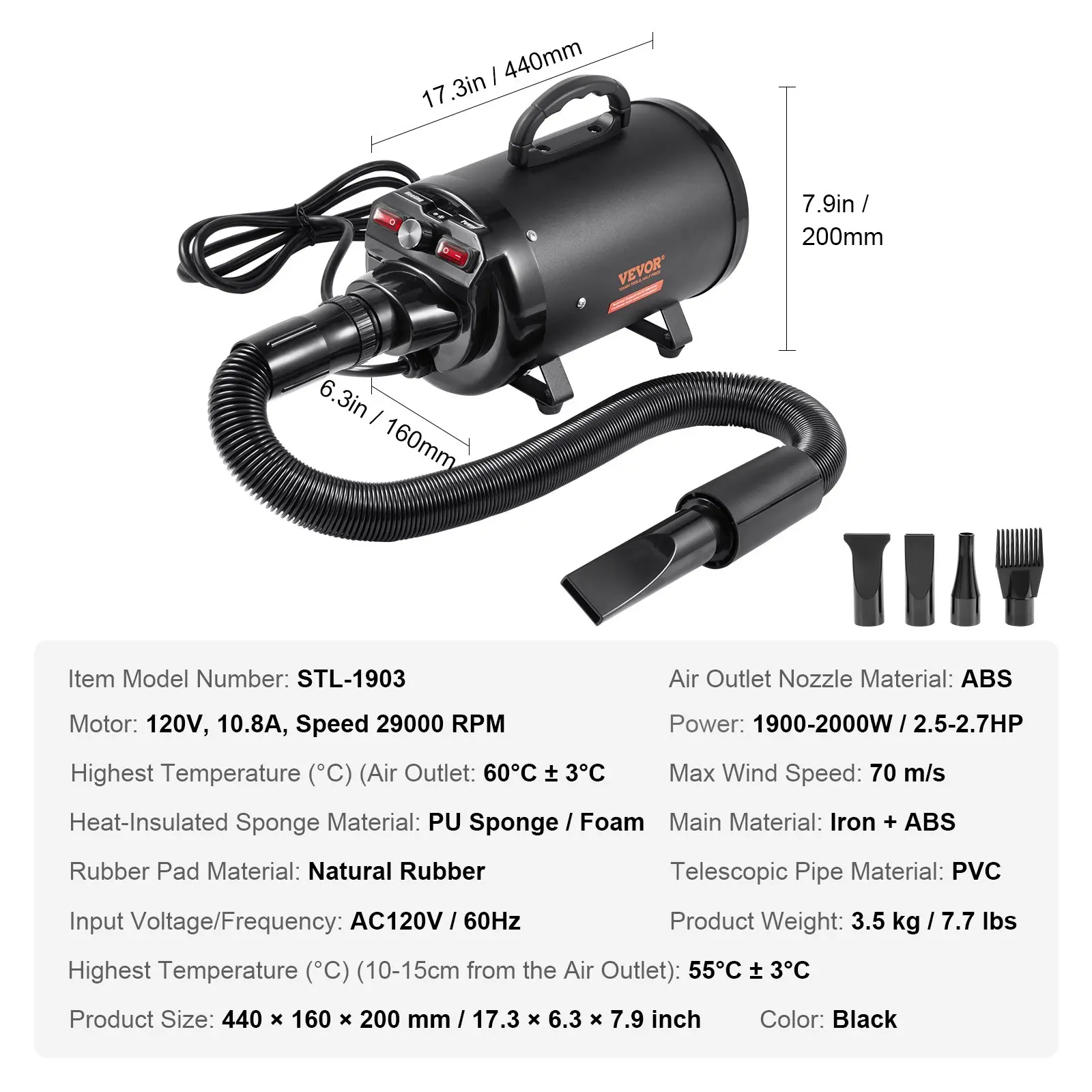 Secador para perros de 2000 W con velocidad y temperatura ajustables