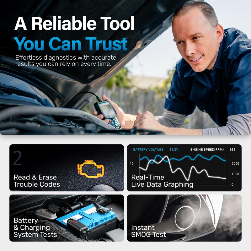 Escáner OBD2 — Lector de códigos y herramienta de diagnóstico para automóviles — Escáner automotriz — Ayuda a solucionar problemas de la luz de «Check Engine» y más — Multifuncional