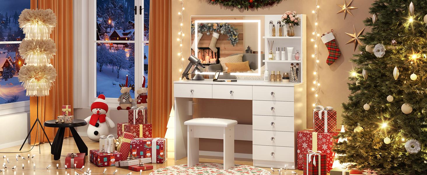 Vanity with Lighted Mirror - 47" Makeup Vanity Desk with 7 Drawers, 3 Storage Shelves and Outlet, 3 Color Lighting Modes with Adjustable Brightness, Makeup Desk with Stool for Bedroom, White