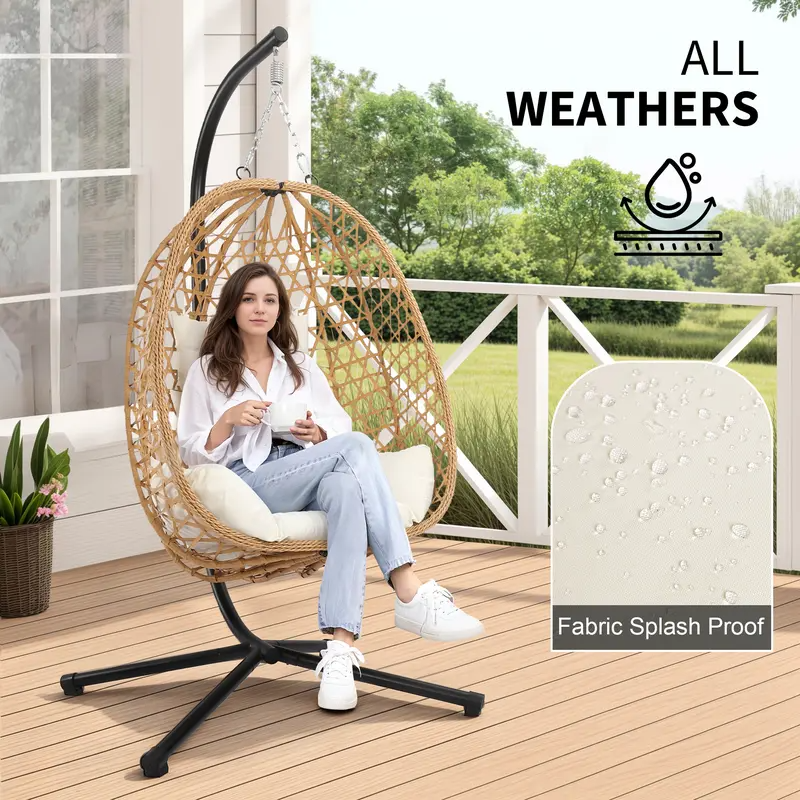 Sillón Colgante tipo Huevo para Patio con Cojín, Silla Colgante de Mimbre para Interiores y Exteriores, Sillón de Descanso con Soporte para Patio y Balcón, Cómoda Silla Hamaca