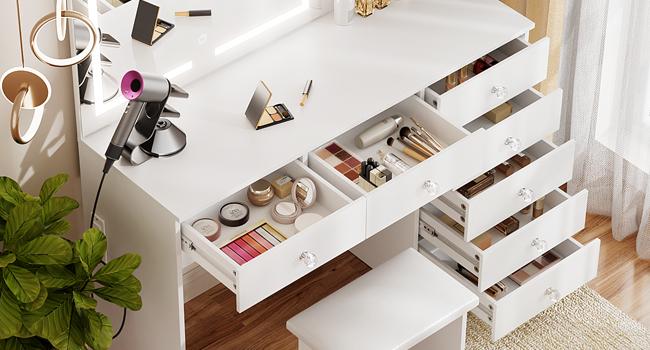 Vanity with Lighted Mirror - 47" Makeup Vanity Desk with 7 Drawers, 3 Storage Shelves and Outlet, 3 Color Lighting Modes with Adjustable Brightness, Makeup Desk with Stool for Bedroom, White