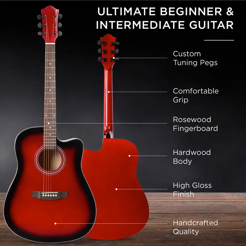 Set de guitarra acústica de tamaño completo (41 pulgadas) para principiantes, con estuche, correa, cejilla y cuerdas.