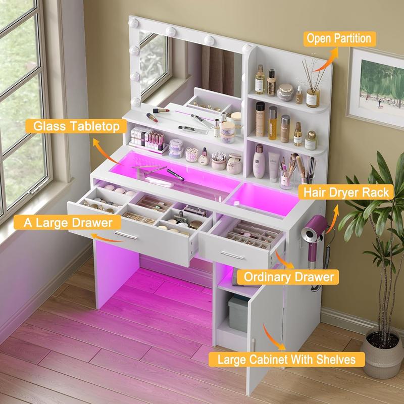 Tocador con espejo y 3 modos de iluminación, con 10 luces LED alimentadas por USB