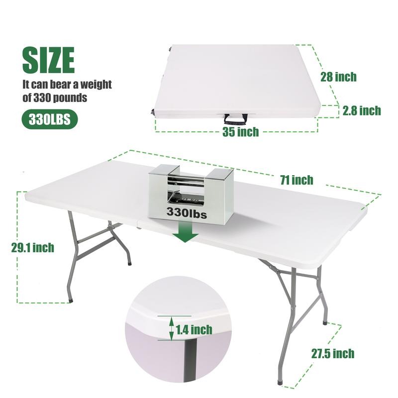 Mesa plegable de 6 pies (Set de mesa plegable de 6 pies y mantel: ZB-6FT), con asa de transporte integrada y patas de acero aleado