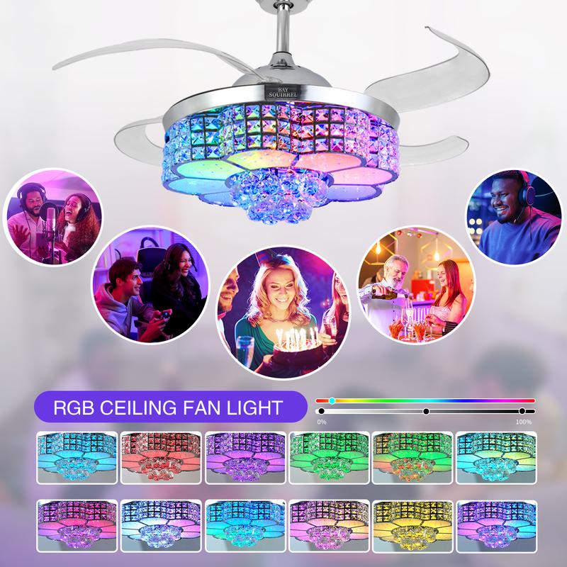 Ventilador de techo retráctil de cristal con altavoz, control por mando a distancia y aplicación, 6 velocidades, reversible y con luz LED RGB