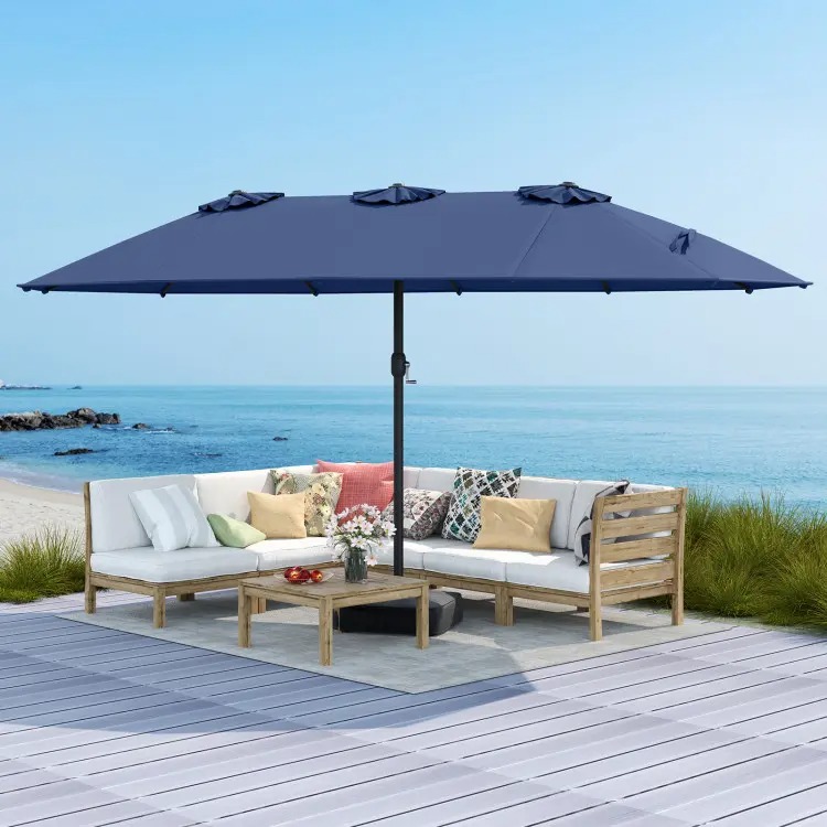 Sombrilla solar para patio de 15/13 pies con base — Sombrilla doble extra grande para exteriores, con 36 luces LED y manivela.