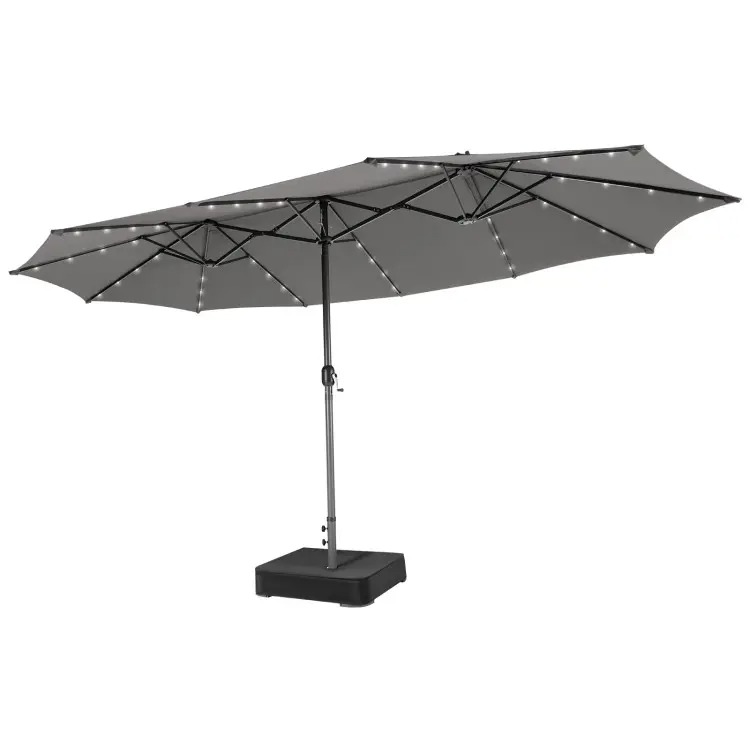 Sombrilla solar para patio de 15/13 pies con base — Sombrilla doble extra grande para exteriores, con 36 luces LED y manivela.