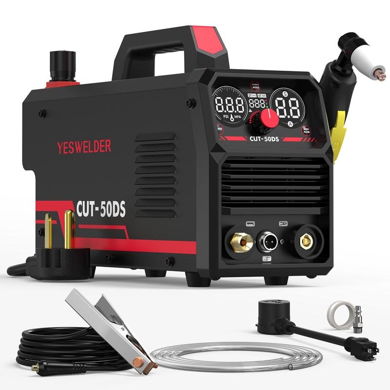Cortadora de plasma YW CUT-50DS de 50 amperios y 110/220 V, con pantalla digital. Máquina de corte por plasma neumática: 2T/4T y ancho máximo de corte de 16/25".