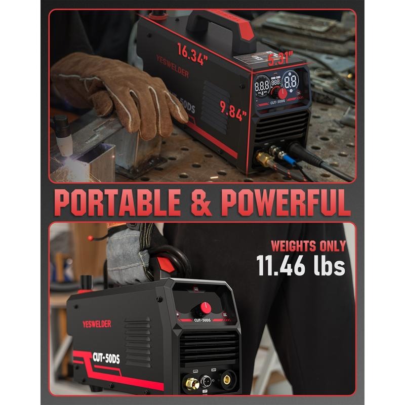 Cortadora de plasma YW CUT-50DS de 50 amperios y 110/220 V, con pantalla digital. Máquina de corte por plasma neumática: 2T/4T y ancho máximo de corte de 16/25".