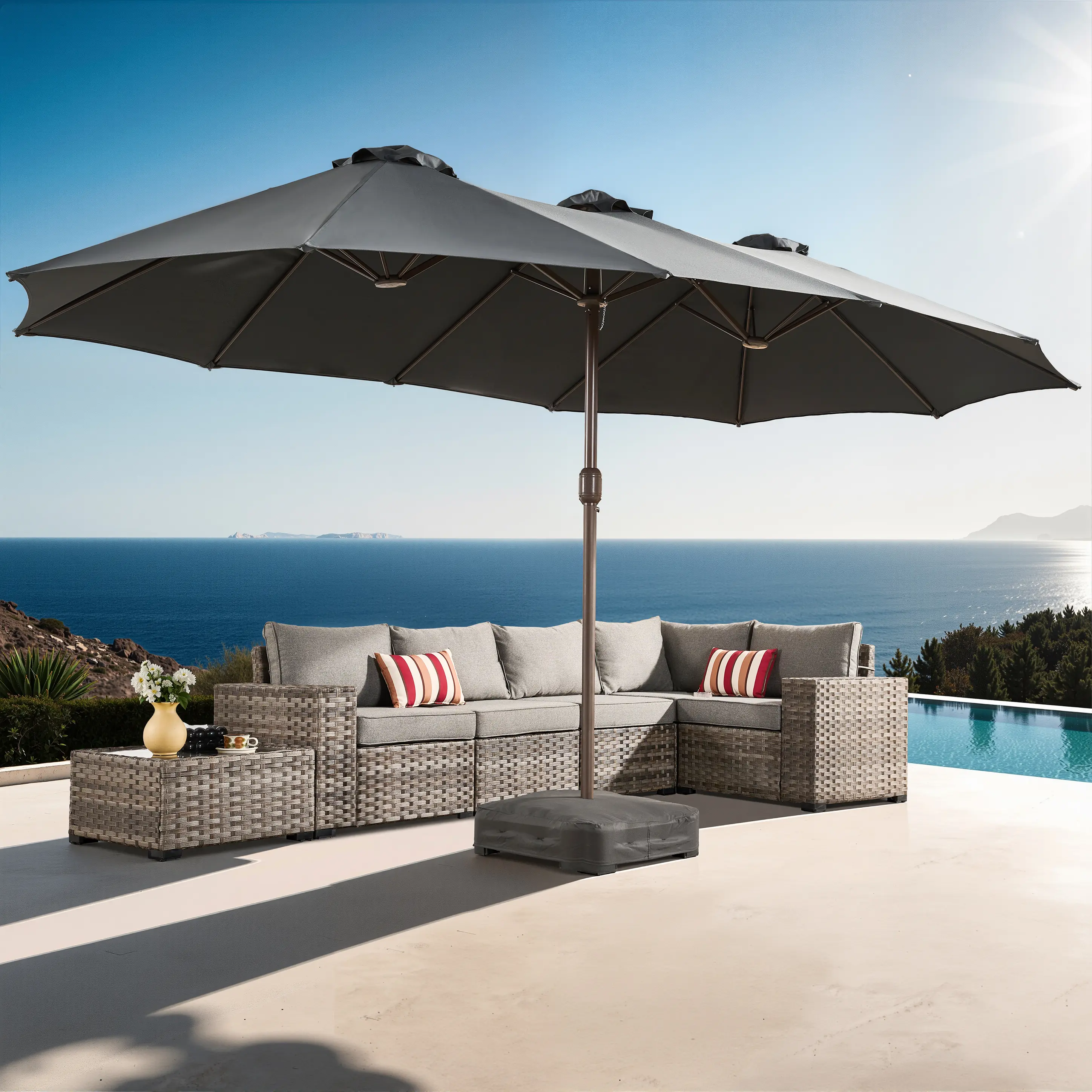 Sombrilla solar LED HOOOWOOO de 4,5 m con base y manivela - Sombrilla para exteriores para jardín, terraza, patio, piscina y playa - Tela resistente al agua, ajustable y con luz