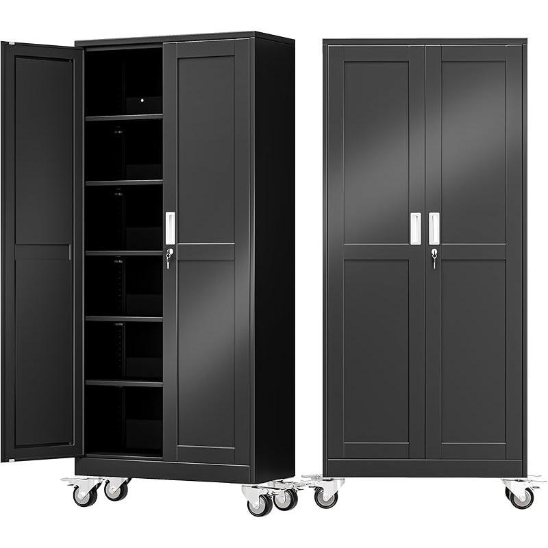 Armario metálico de almacenamiento para garaje de 75 pulgadas de altura, con ruedas y puertas con cerradura; 5 estantes ajustables; gabinete para herramientas de acero resistente para garaje, hogar, oficina y taller.