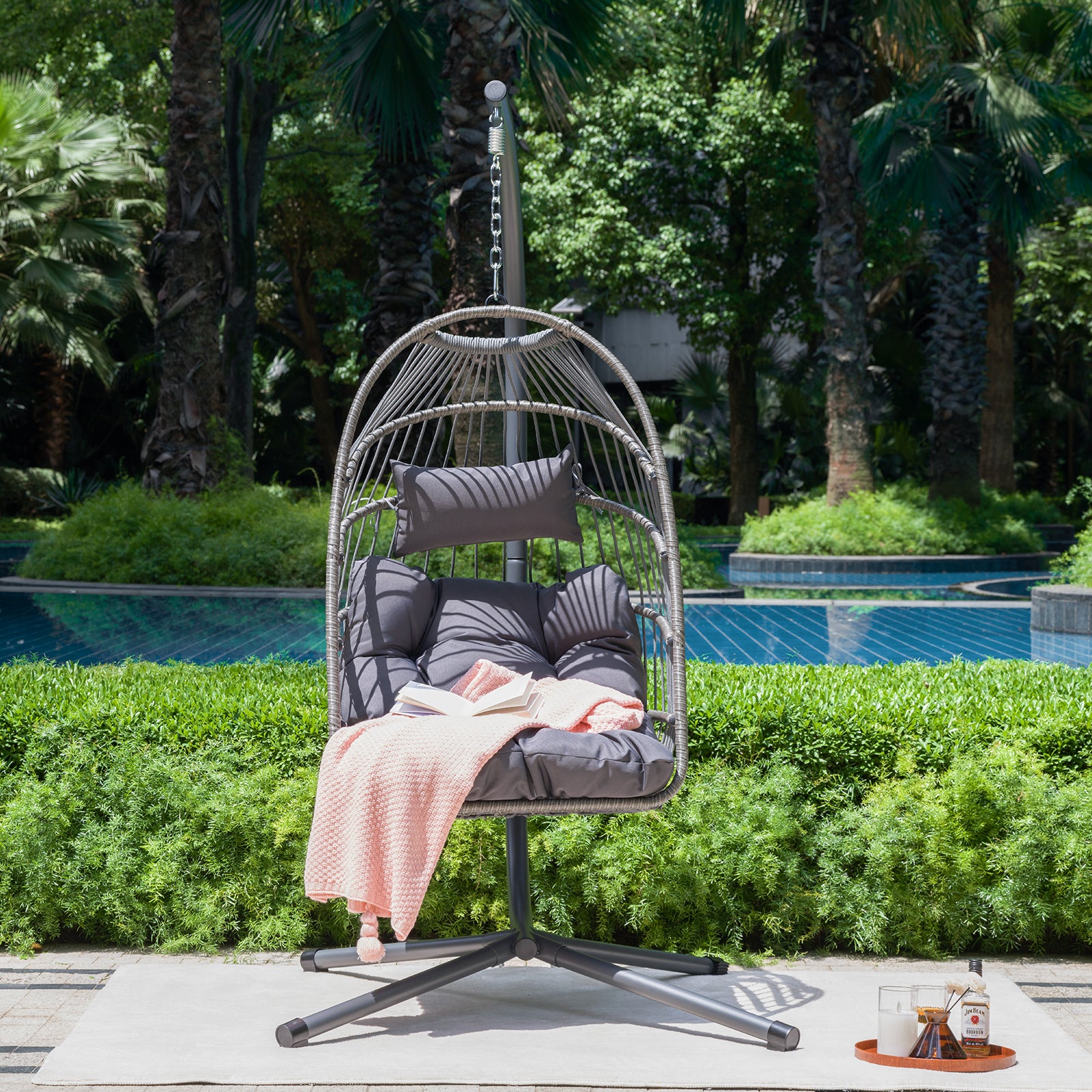 Sillón colgante tipo huevo para exteriores con soporte, silla colgante de mimbre para patio, silla mecedora para interiores, hamaca tipo huevo para exteriores.