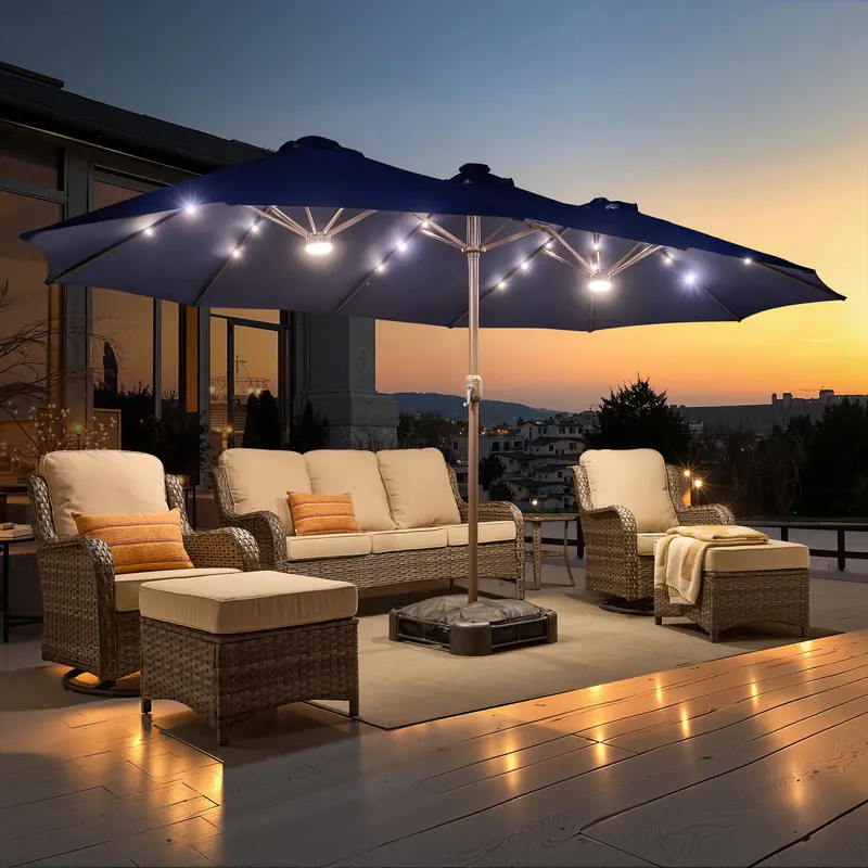 Sombrilla solar LED HOOOWOOO de 4,5 m con base y manivela - Sombrilla para exteriores para jardín, terraza, patio, piscina y playa - Tela resistente al agua, ajustable y con luz