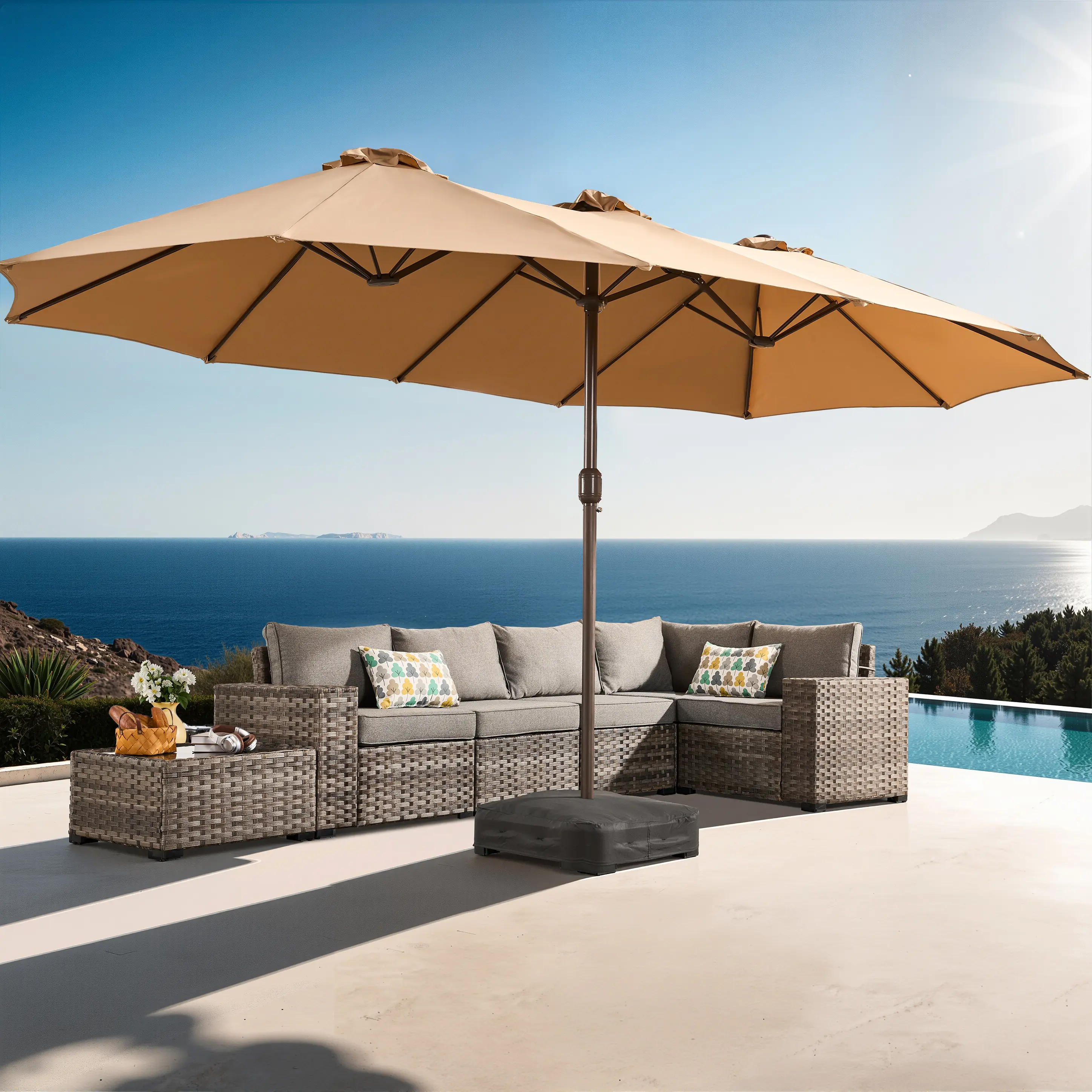 Sombrilla solar LED HOOOWOOO de 4,5 m con base y manivela - Sombrilla para exteriores para jardín, terraza, patio, piscina y playa - Tela resistente al agua, ajustable y con luz