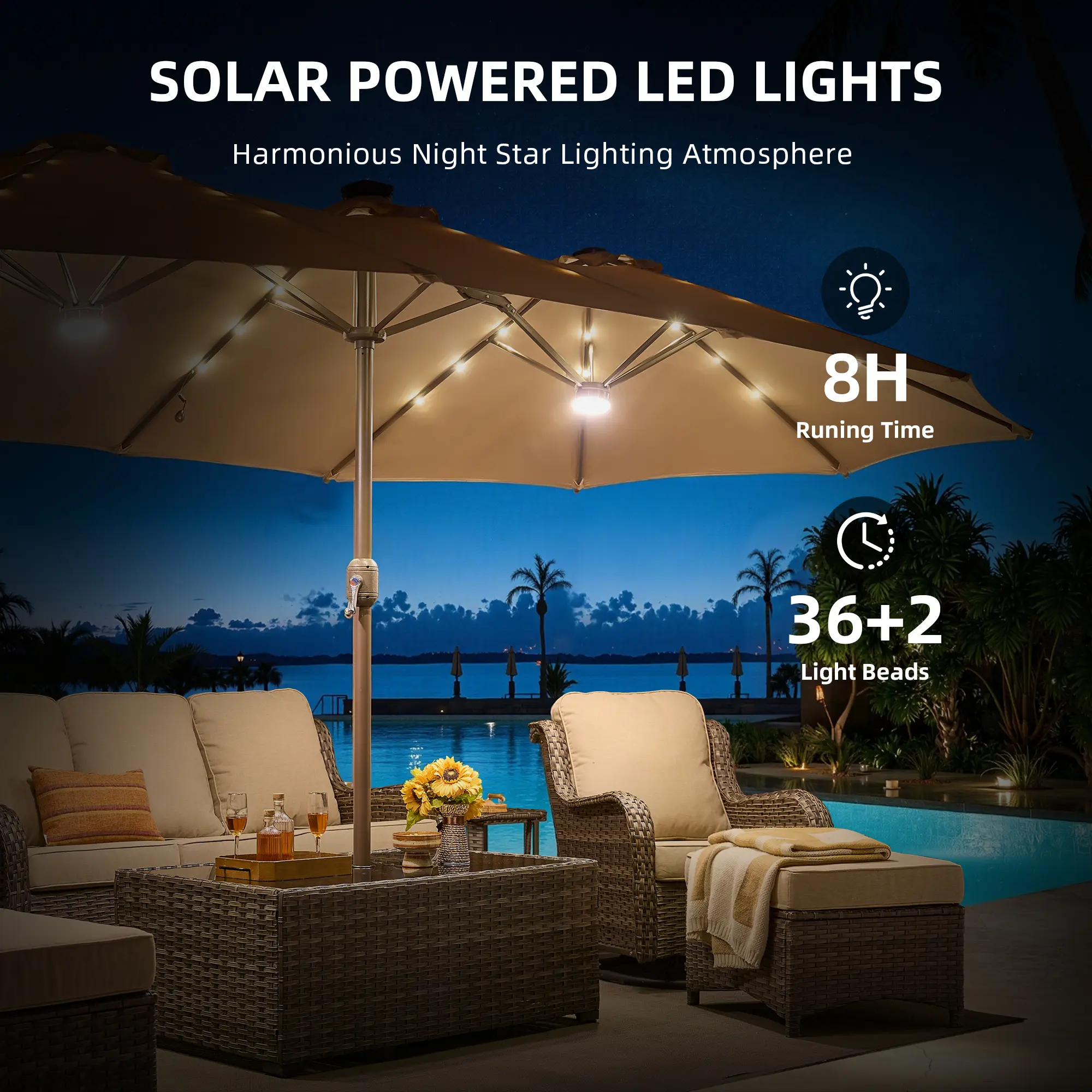 Sombrilla solar LED HOOOWOOO de 4,5 m con base y manivela - Sombrilla para exteriores para jardín, terraza, patio, piscina y playa - Tela resistente al agua, ajustable y con luz