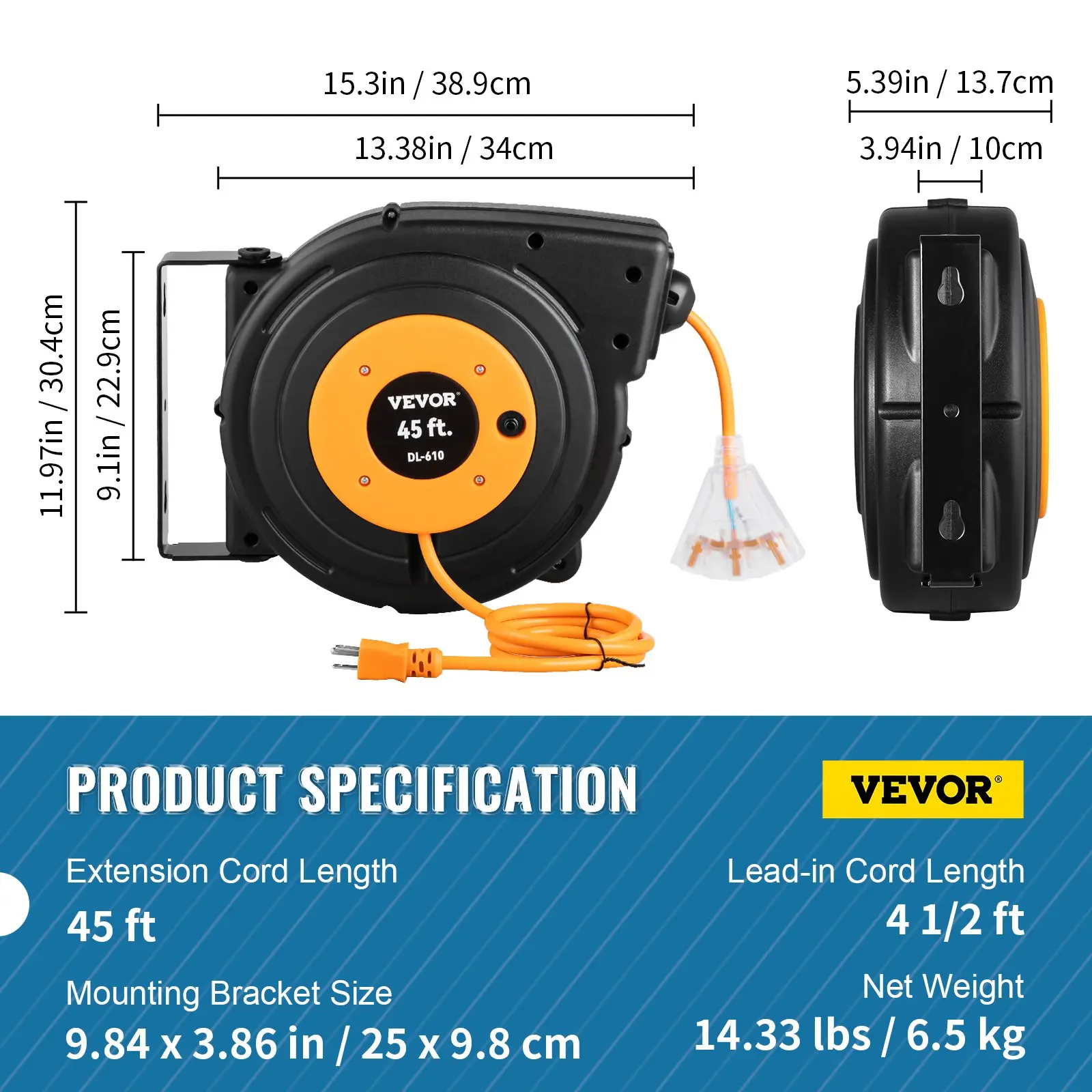 Carrete retráctil para cable de extensión (versión mejorada): Cable de alimentación de uso rudo 12-16 AWG/3C SJTOW con toma triple iluminada, disyuntor de 15 amperios y soporte giratorio de 180° para montaje en techo o pared. Probado bajo estándares UL: s