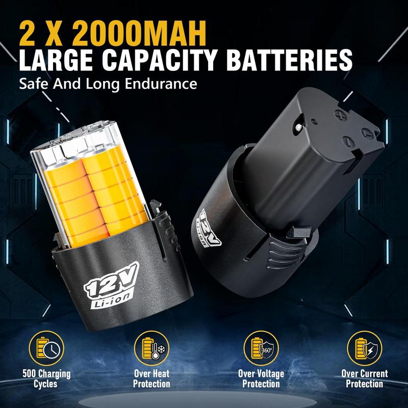 Juego de llaves de trinquete inalámbricas de 3/8", trinquete eléctrico de 60 ft-lbs (80 Nm), llave de trinquete de potencia extendida de 12 V con velocidad variable, 6 vasos, luz LED, adaptador de 1/4", adaptador de 1/2", 2 baterías