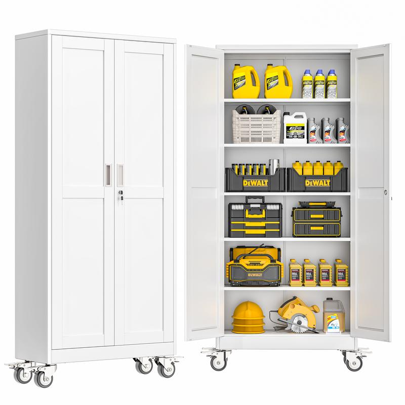 Armario metálico de almacenamiento para garaje de 75 pulgadas de altura, con ruedas y puertas con cerradura; 5 estantes ajustables; gabinete para herramientas de acero resistente para garaje, hogar, oficina y taller.