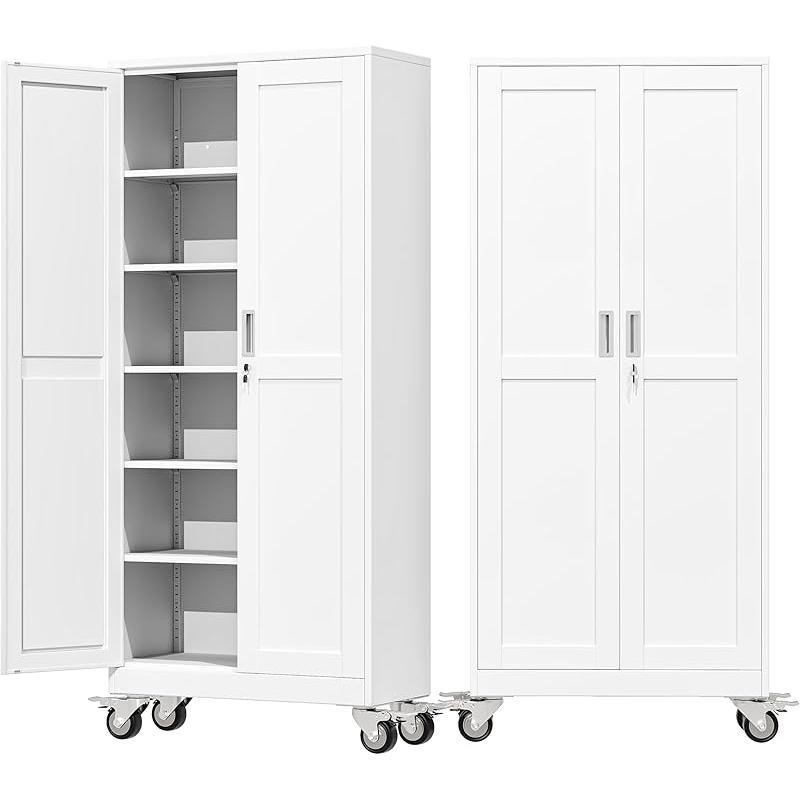 Armario metálico de almacenamiento para garaje de 75 pulgadas de altura, con ruedas y puertas con cerradura; 5 estantes ajustables; gabinete para herramientas de acero resistente para garaje, hogar, oficina y taller.
