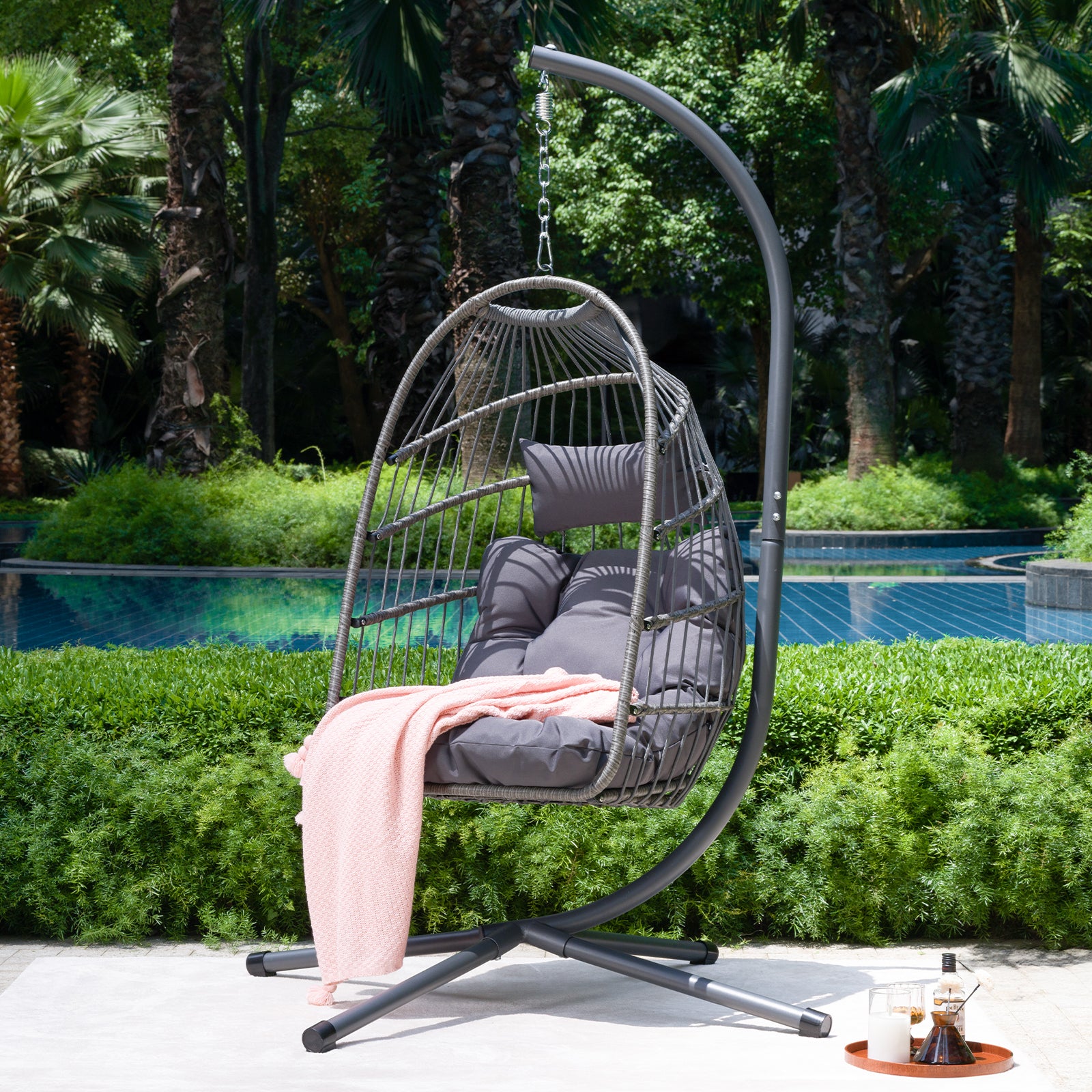 Sillón colgante tipo huevo para exteriores con soporte, silla colgante de mimbre para patio, silla mecedora para interiores, hamaca tipo huevo para exteriores.