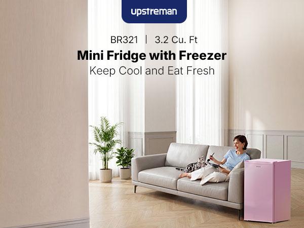 Upstreman 3.2 Cu.Ft Mini Fridge with Freezer - Compact Single-Door Travel Fridge, Ice-Cold High-Efficiency Model BR321, Adjustable Thermostat, Quiet, Energy-Saving Room/Apartment Stuff for Dorms