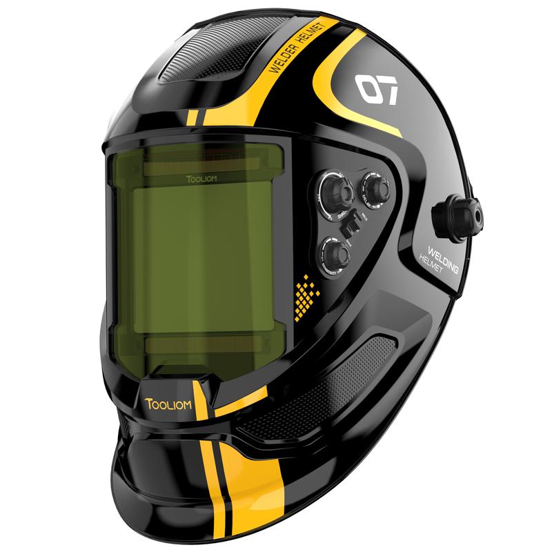 Casco de soldadura de oscurecimiento automático, con protección contra rayos azules y claridad True Color 1/1/1/1; amplia área de visión de 3.94" × 3.66" y rango de sombra ajustable 4/5-9/9-13; máscara apta para procesos TIG, MIG, Stick y corte.