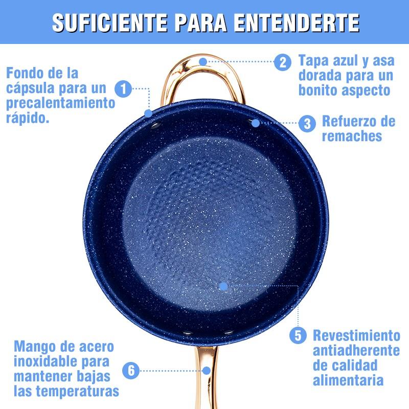 Juego de Ollas y Sartenes 12 Piezas de Acero Inoxidable, Apto para Inducción, con Asas Doradas y Tapas de Vidrio Azul