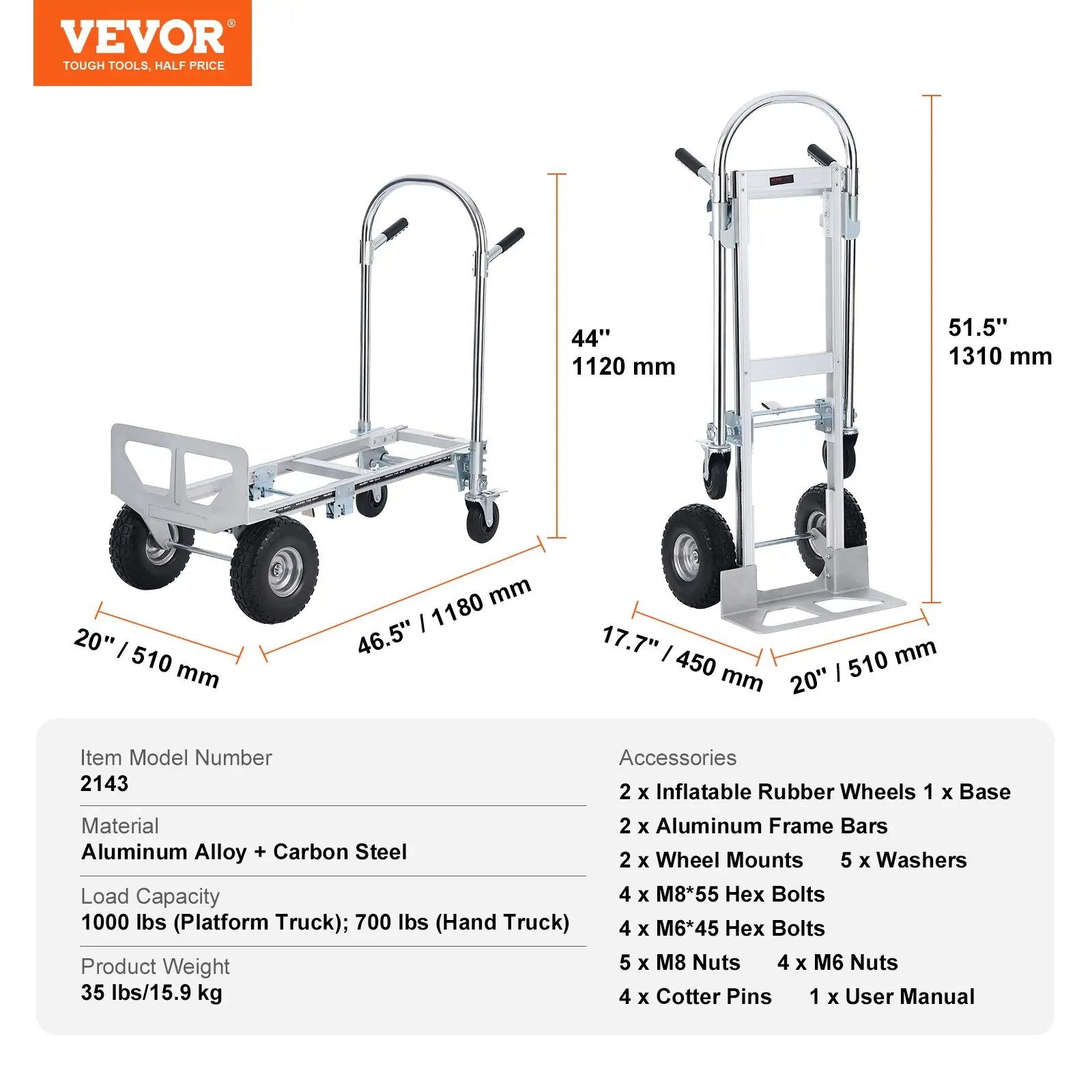 Carretilla plegable de aluminio, diseño 2 en 1, capacidad máxima de 800 lb, carrito industrial plegable de alta resistencia, carrito con ruedas de goma para transporte y mudanzas en almacenes, supermercados y jardines.