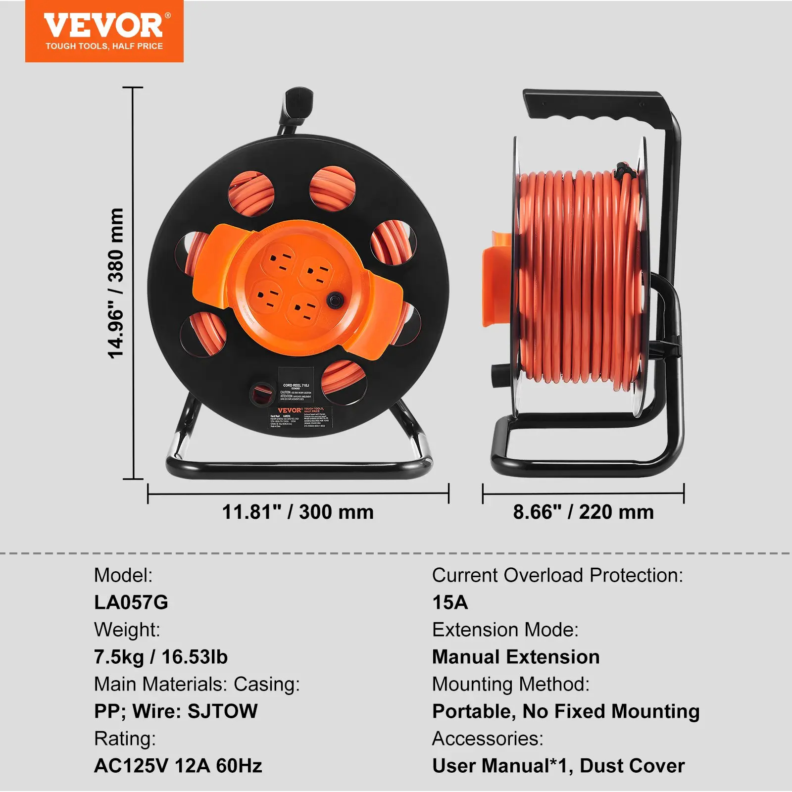 Carrete retráctil para cable de extensión (versión mejorada): Cable de alimentación de uso rudo 12-16 AWG/3C SJTOW con toma triple iluminada, disyuntor de 15 amperios y soporte giratorio de 180° para montaje en techo o pared. Probado bajo estándares UL: s
