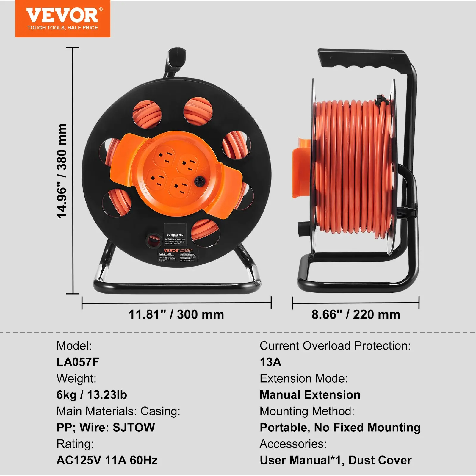 Carrete retráctil para cable de extensión (versión mejorada): Cable de alimentación de uso rudo 12-16 AWG/3C SJTOW con toma triple iluminada, disyuntor de 15 amperios y soporte giratorio de 180° para montaje en techo o pared. Probado bajo estándares UL: s