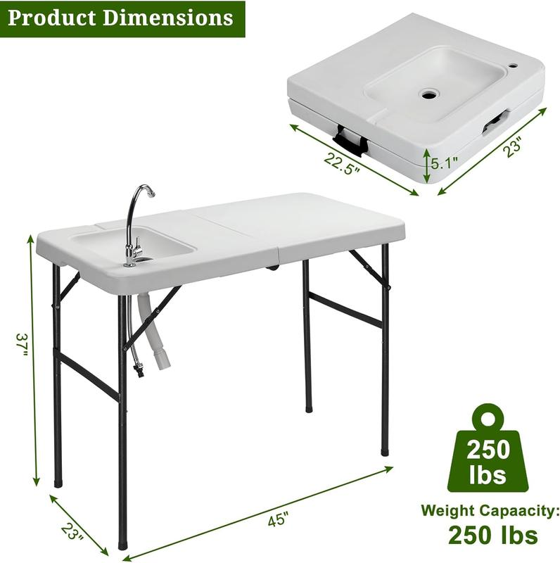 Mesa plegable para limpieza de pesca y caza con fregadero | Portátil y duradera, conexión estándar de jardín, manguera de drenaje mejorada, acero inoxidable