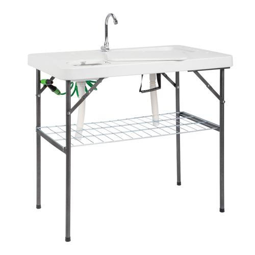 Mesa plegable para limpieza de pesca y caza con fregadero | Portátil y duradera, conexión estándar de jardín, manguera de drenaje mejorada, acero inoxidable