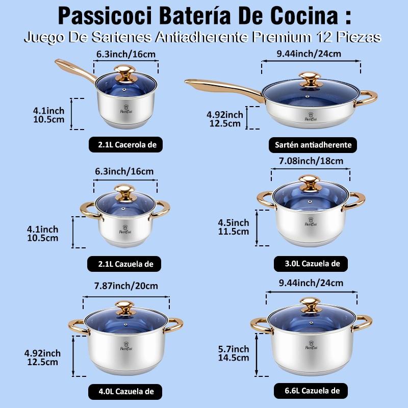 Juego de Ollas y Sartenes 12 Piezas de Acero Inoxidable, Apto para Inducción, con Asas Doradas y Tapas de Vidrio Azul