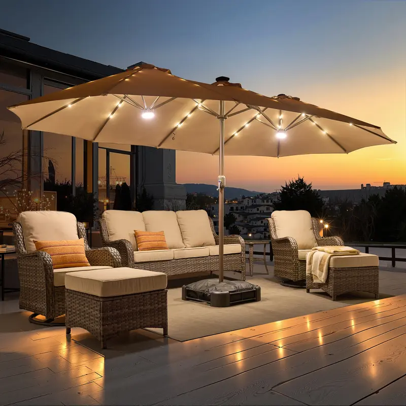 Sombrilla solar LED HOOOWOOO de 4,5 m con base y manivela - Sombrilla para exteriores para jardín, terraza, patio, piscina y playa - Tela resistente al agua, ajustable y con luz