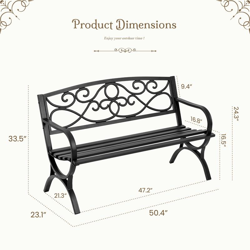 Banco de parque para exteriores, independiente con estructura metálica y respaldo con diseño floral, para patio y jardín.
