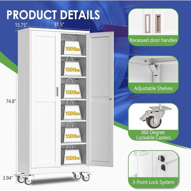 Armario metálico de almacenamiento para garaje de 75 pulgadas de altura, con ruedas y puertas con cerradura; 5 estantes ajustables; gabinete para herramientas de acero resistente para garaje, hogar, oficina y taller.