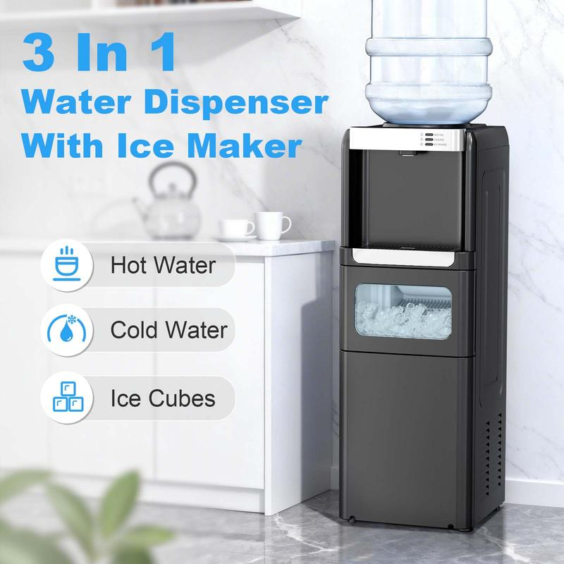 Dispensador de agua 3 en 1 (fría y caliente) con sistema de enfriamiento y máquina de hielo integrada, apto para botellones de 3 a 5 galones, con seguro de protección infantil.