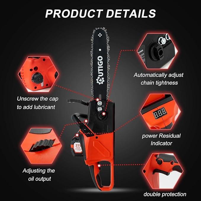Motosierra inalámbrica de 21 V con 2 baterías, 2 cadenas, equipo de protección y cargador. Herramienta eficiente para cortar madera en jardines y granjas. Cuchilla de alta resistencia.