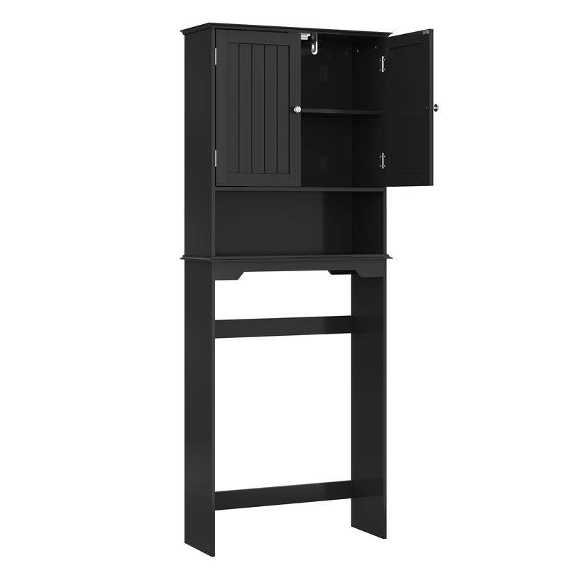 Armario de almacenamiento sobre el inodoro, mueble de baño con doble puerta y estante ajustable, estantería independiente para el baño — Negro
