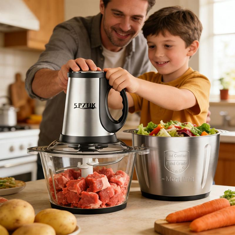 Picadora de carne y procesador de alimentos con 2 recipientes y 4 cuchillas de doble nivel — Minipicadora eléctrica de 300 W, ideal para papillas, carne, cebolla y verduras.