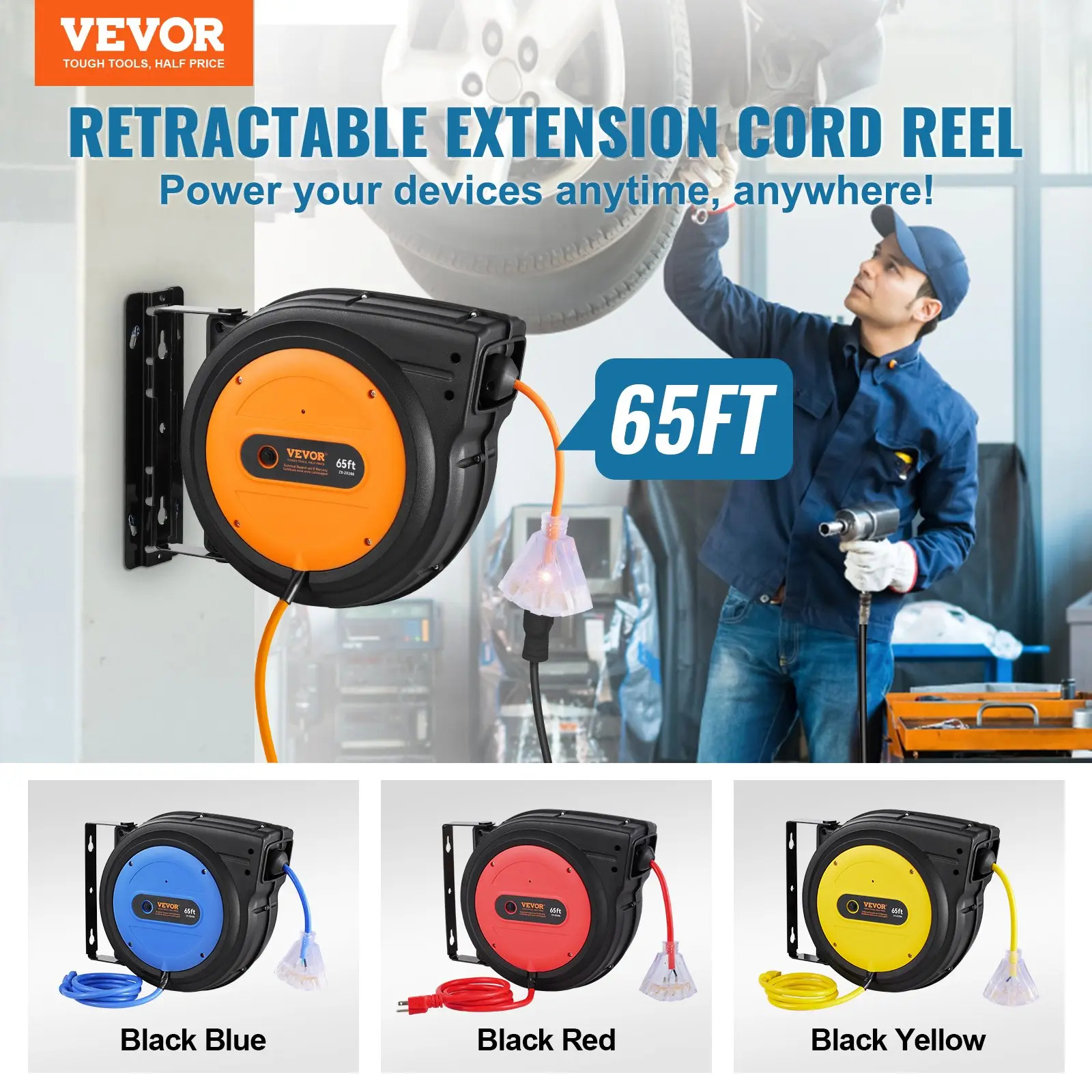 Carrete retráctil para cable de extensión (versión mejorada): Cable de alimentación de uso rudo 12-16 AWG/3C SJTOW con toma triple iluminada, disyuntor de 15 amperios y soporte giratorio de 180° para montaje en techo o pared. Probado bajo estándares UL: s