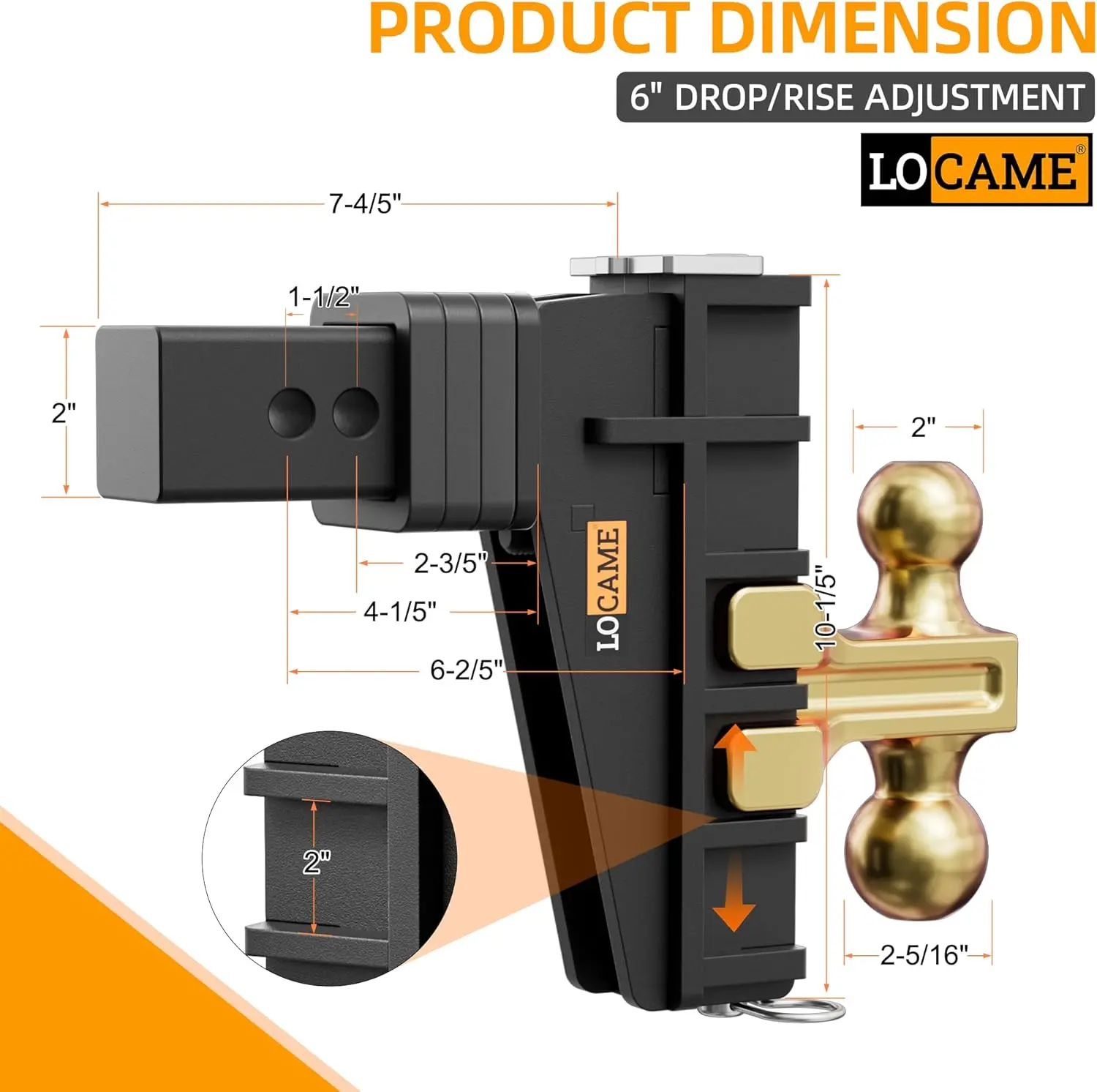 Enganche de remolque ajustable, compatible con receptores de 2 pulgadas, caída/elevación de 6 a 8 pulgadas, capacidad de remolque (GTW) de 25,000 libras — Enganche para camiones de servicio pesado, soporte de bola sólido, LC0076