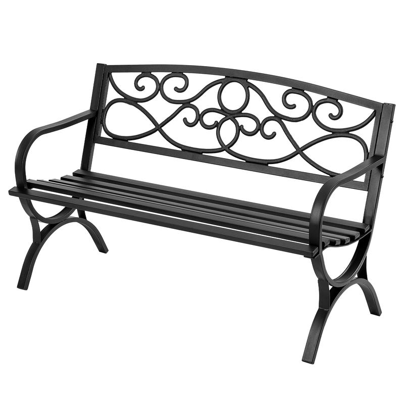 Banco de parque para exteriores, independiente con estructura metálica y respaldo con diseño floral, para patio y jardín.