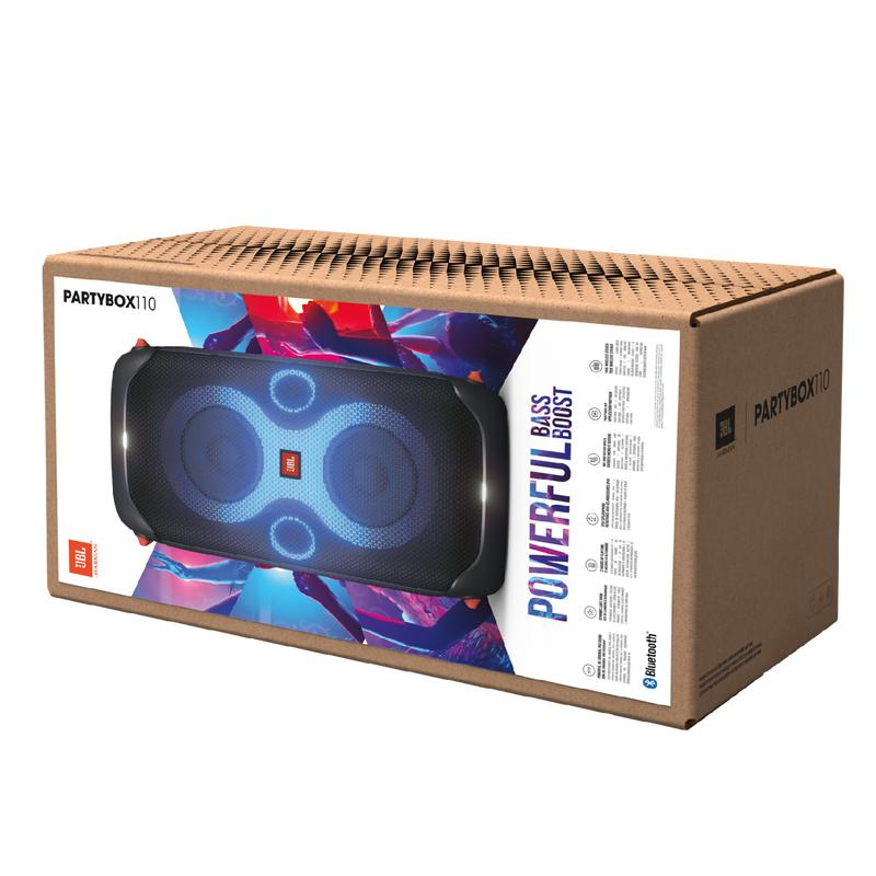 Partybox 110, altavoz portátil para fiestas con un potente sonido de 160 W, luces integradas y diseño a prueba de salpicaduras.