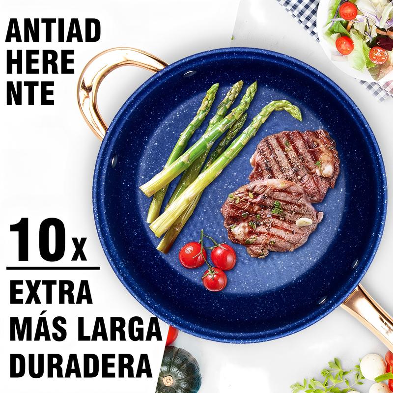 Juego de Ollas y Sartenes 12 Piezas de Acero Inoxidable, Apto para Inducción, con Asas Doradas y Tapas de Vidrio Azul