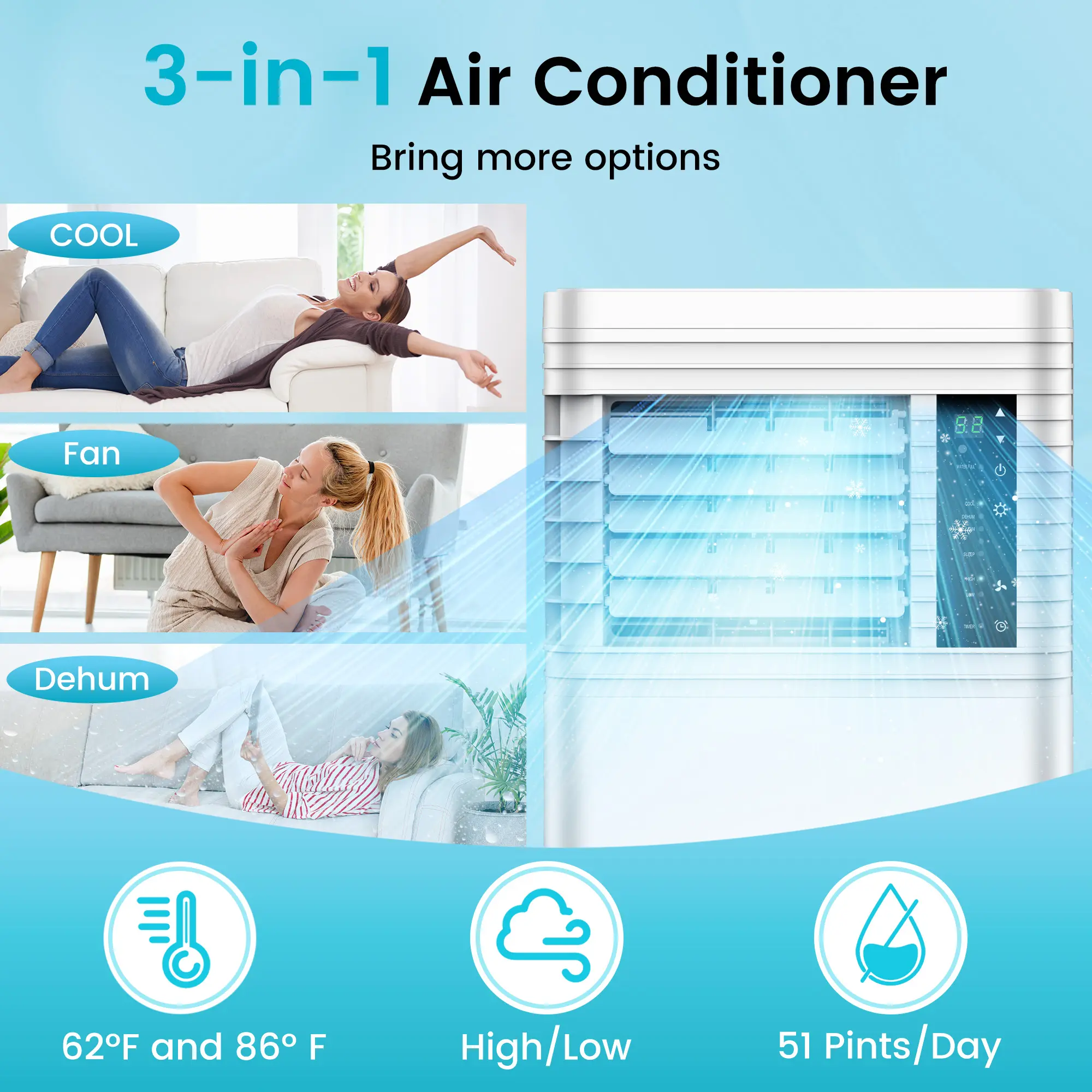 Acondicionador de aire portátil de 8000 BTU: enfría hasta 350 pies cuadrados, 4 modos, con control remoto, pantalla LED, temporizador de 24 horas y kit de instalación para el hogar, la oficina o dormitorios (Blanco)