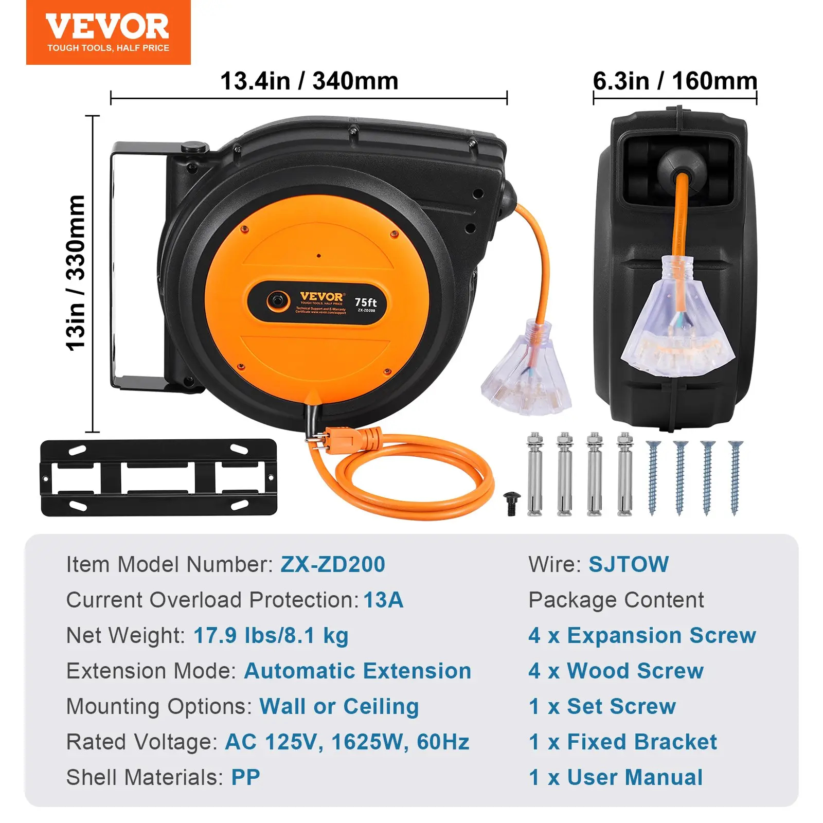 Carrete retráctil para cable de extensión (versión mejorada): Cable de alimentación de uso rudo 12-16 AWG/3C SJTOW con toma triple iluminada, disyuntor de 15 amperios y soporte giratorio de 180° para montaje en techo o pared. Probado bajo estándares UL: s
